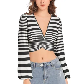 Abstract Zebra Women's Deep V-Neck Lantern Sleeve Crop Top