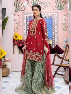 Ally's "Mehbooba" Red & Green Luxury Organza Gharara Suit (AL-3503)