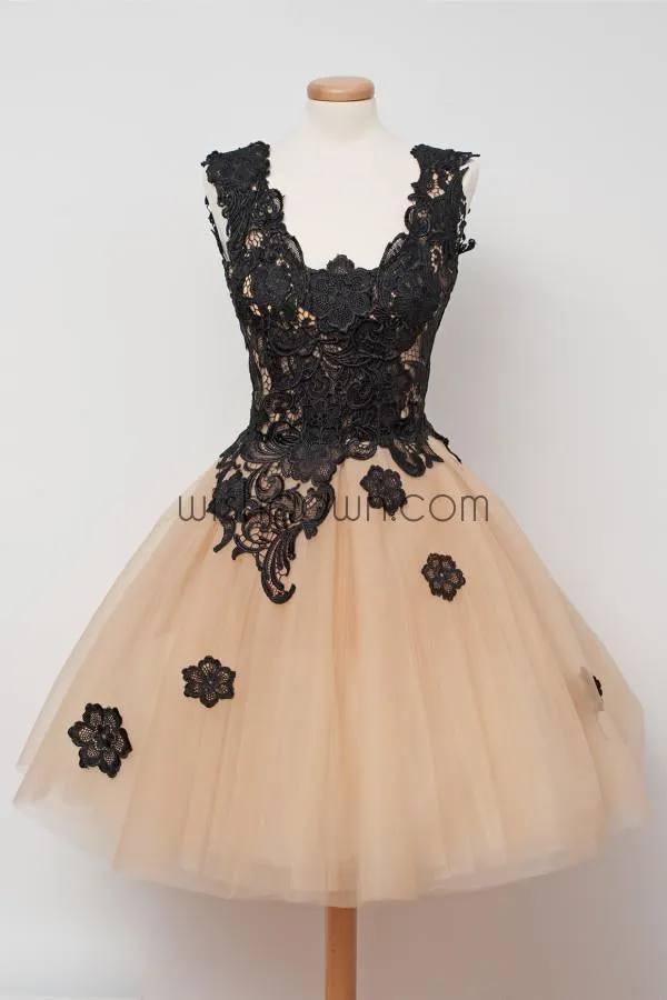 Black Applique Lace Champange Lovely Cheap Short Homecoming Dresses, WG807