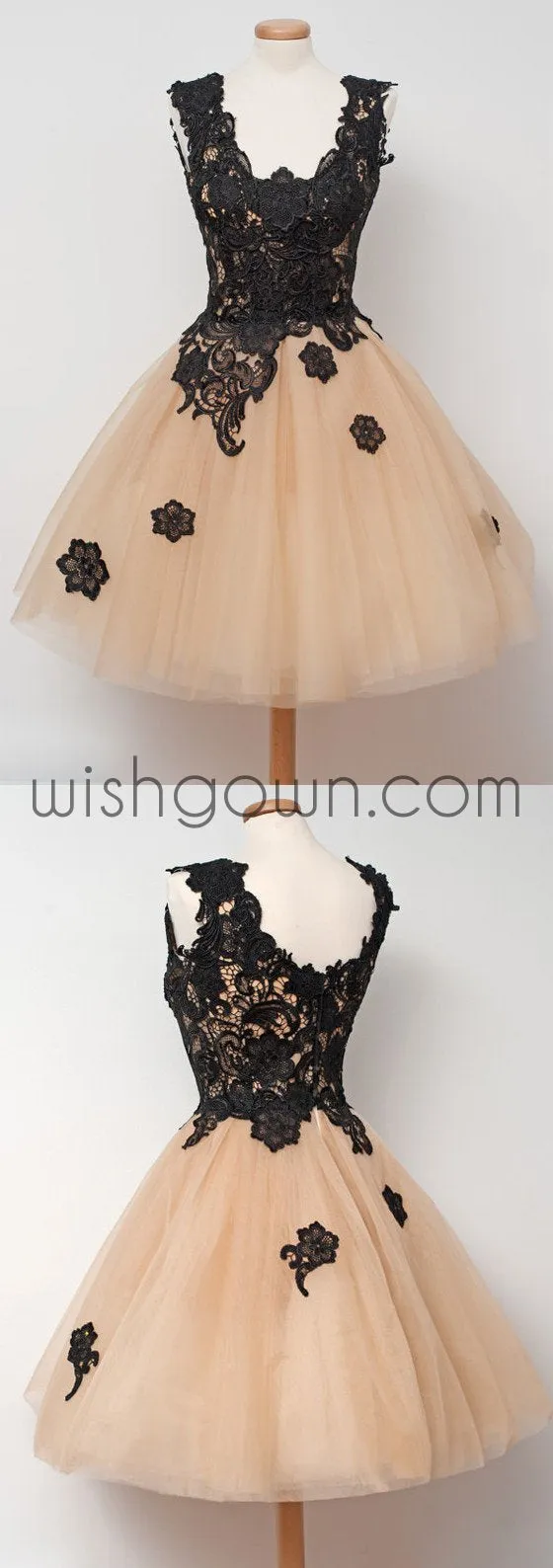 Black Applique Lace Champange Lovely Cheap Short Homecoming Dresses, WG807