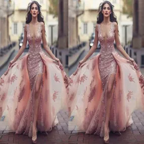 Charming Sweep Train Deep V Neck Pink Tulle Prom Dress with Lace Appliques,Evening Party Dresses,PDY0257