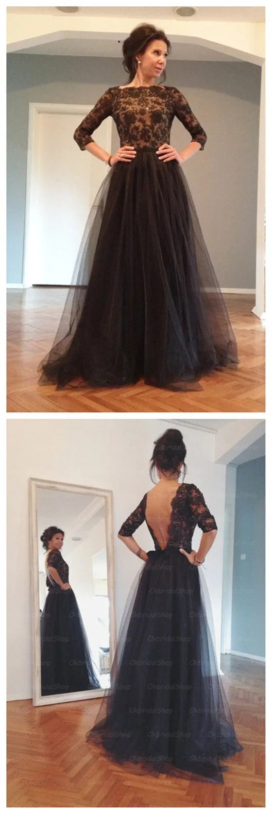 Elegant Women Black Lace Long Sleeves Backless Party Prom Long Evening Dress, PD0015