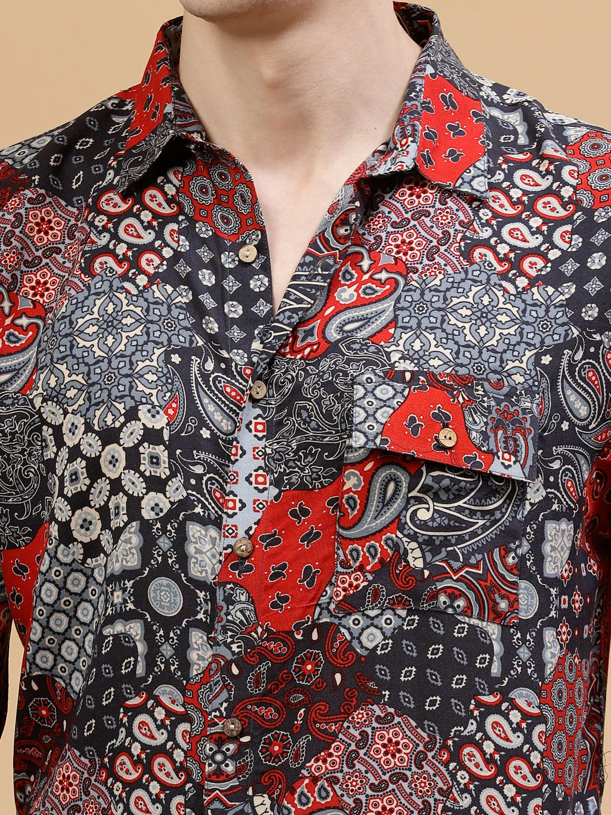 Men's Paisley Print Drop-Shoulder Hawaiian Shirt