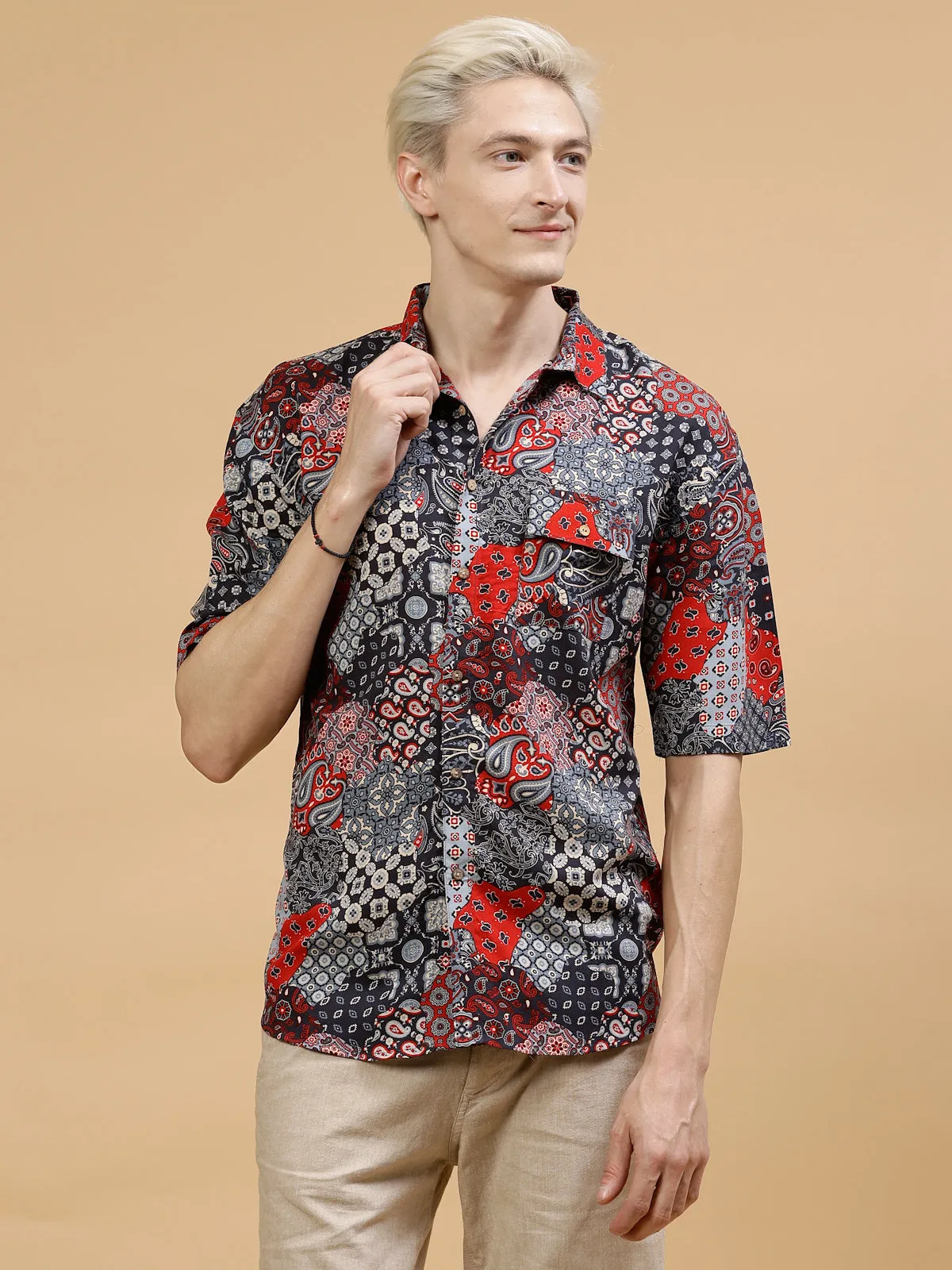 Men's Paisley Print Drop-Shoulder Hawaiian Shirt